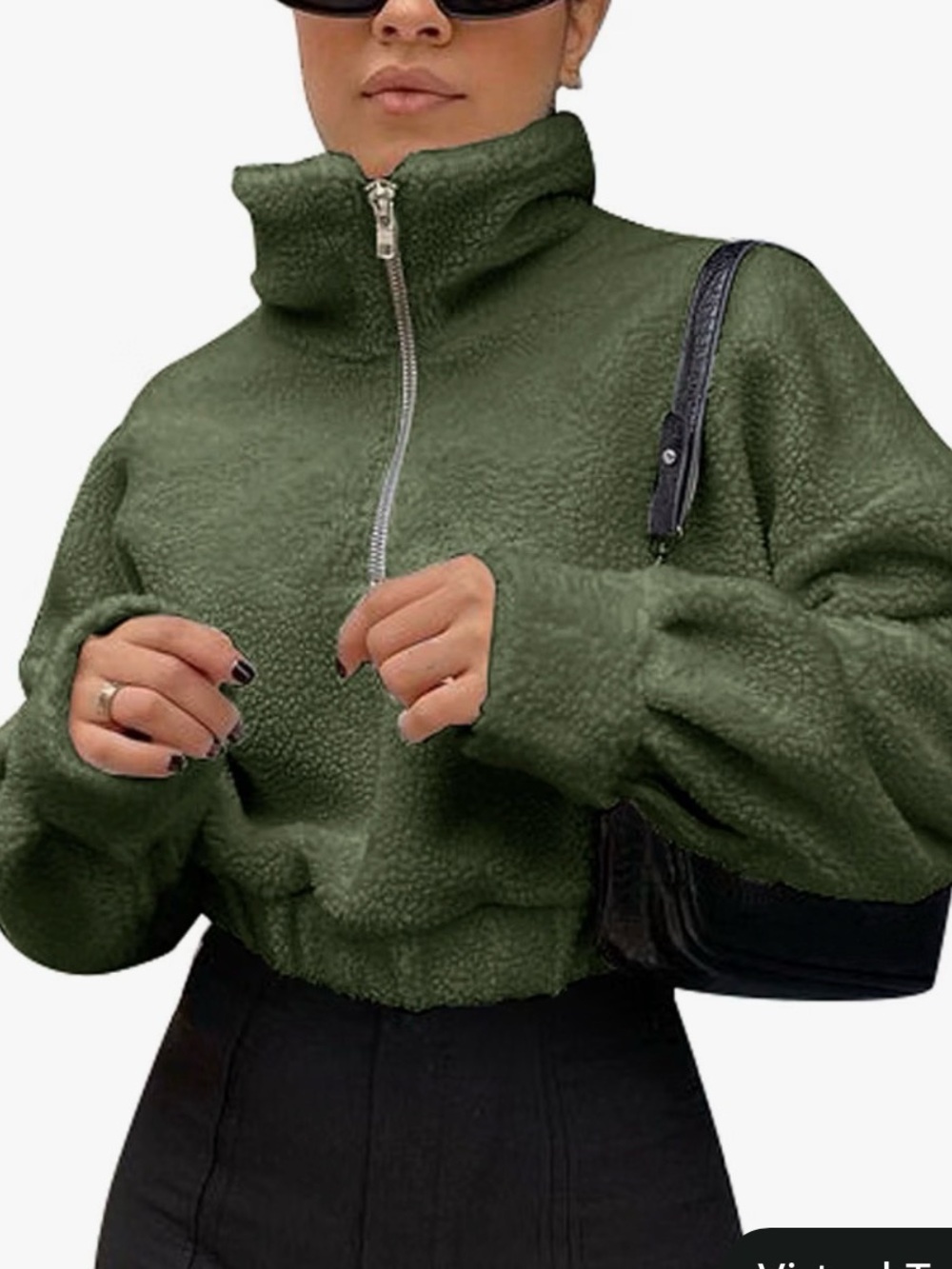 (XL) Army Green Teddy Fleece Cropped Half-Zip Pullover – Cozy Chic